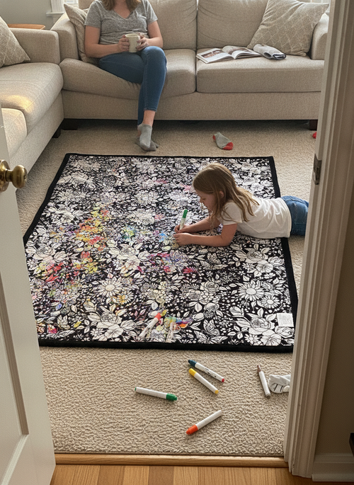 Child colouring the Wildflower blanket spread out on the living room rug