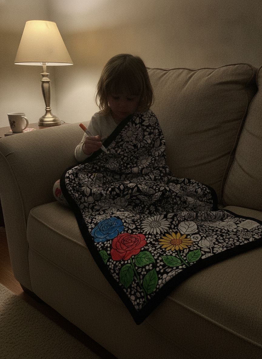 Child wrapped in the Wildflower blanket in the evening, still colouring
