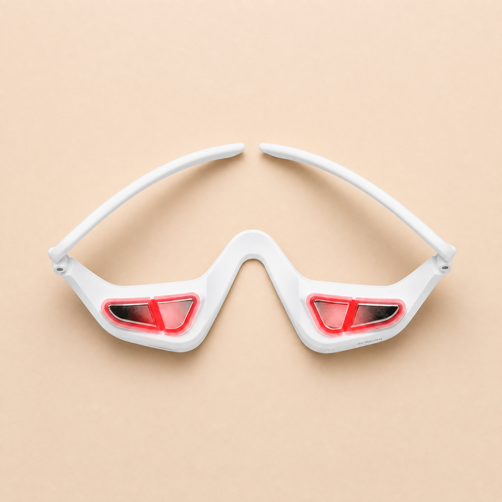 EYESENTIAL smart eye massager glasses - studio product shot on warm beige