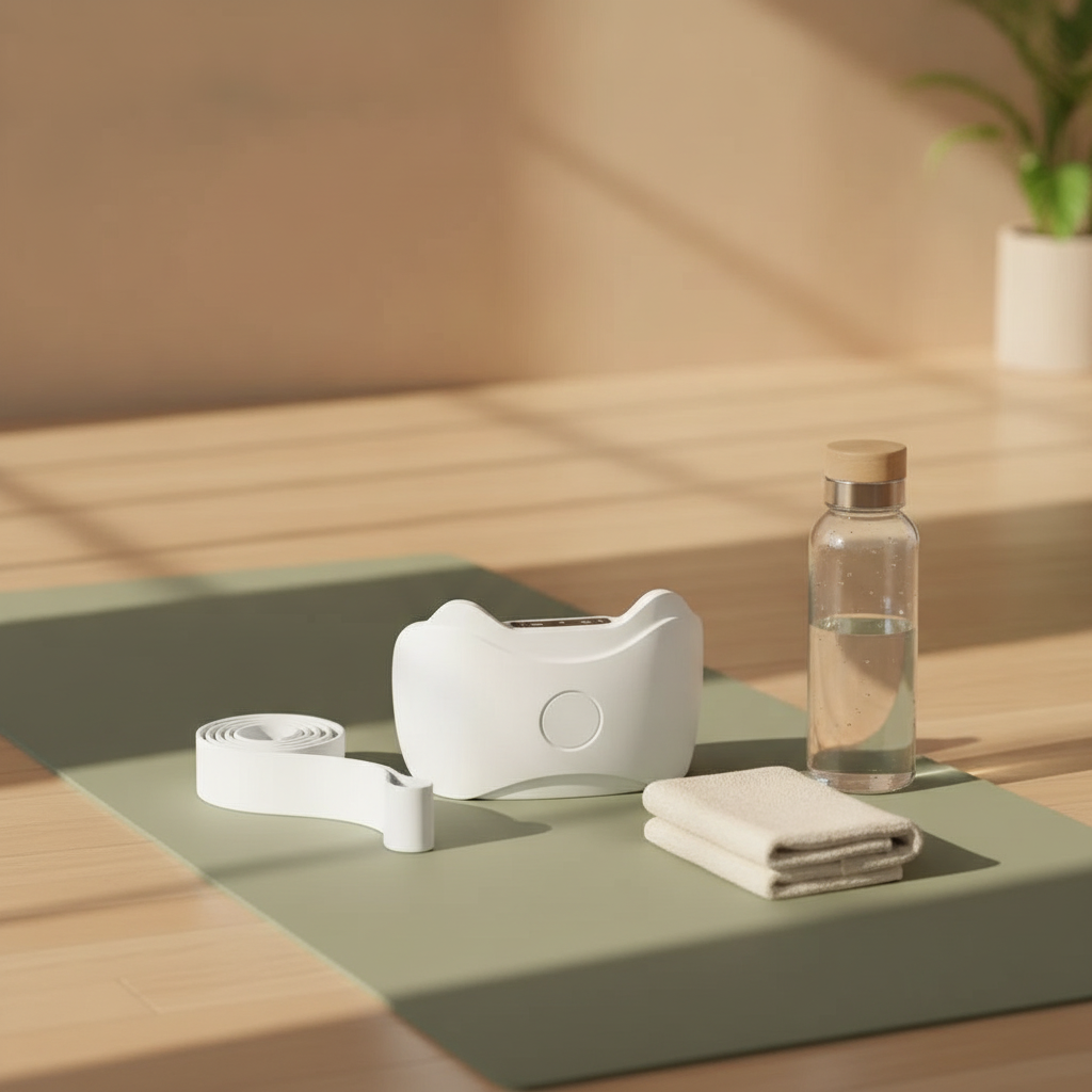 COREFLOW massager on a yoga mat with towel and water bottle - home wellness