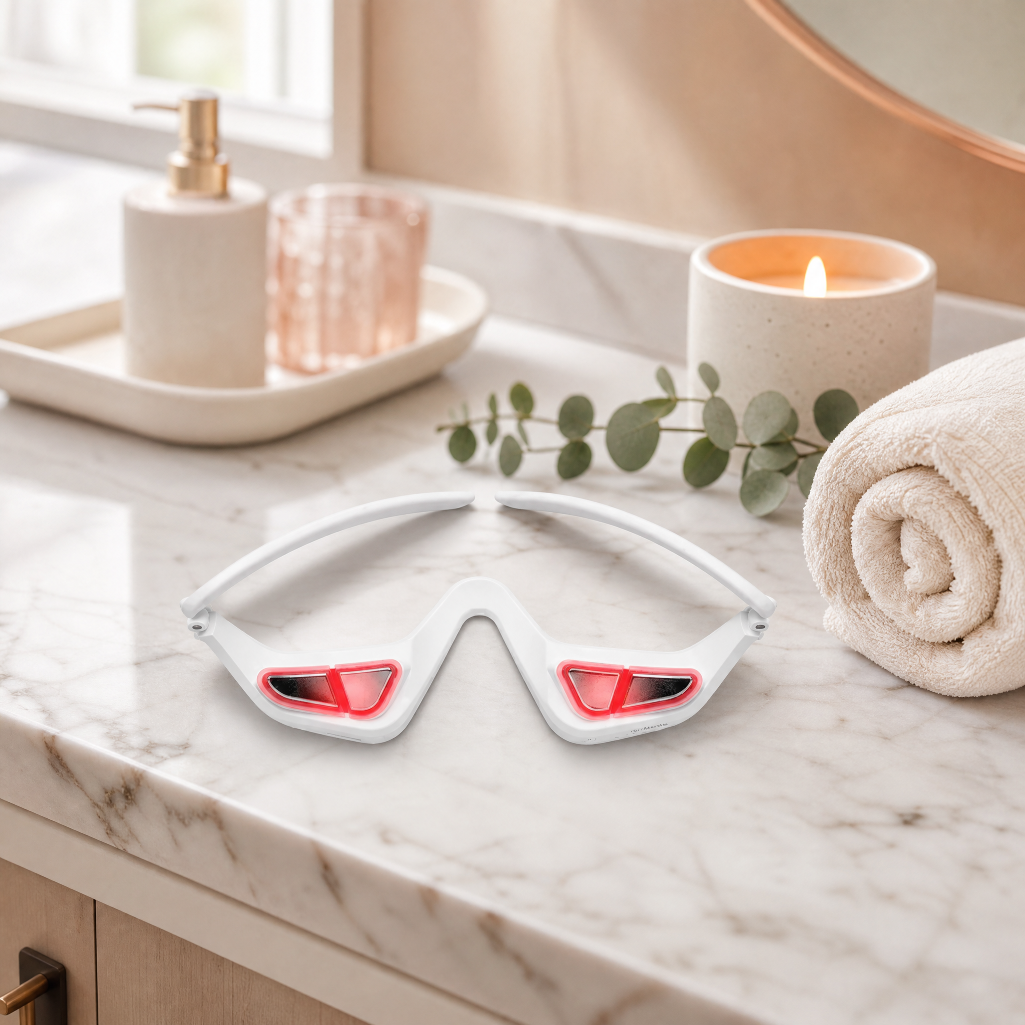EYESENTIAL eye massager glasses on a marble bathroom vanity - spa ritual