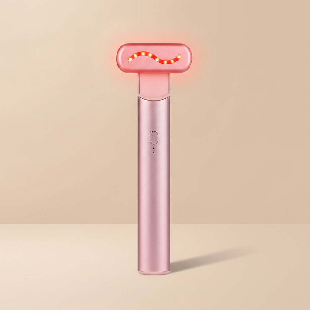 GLOWAVE bright pink red light facial wand - studio shot on warm beige background