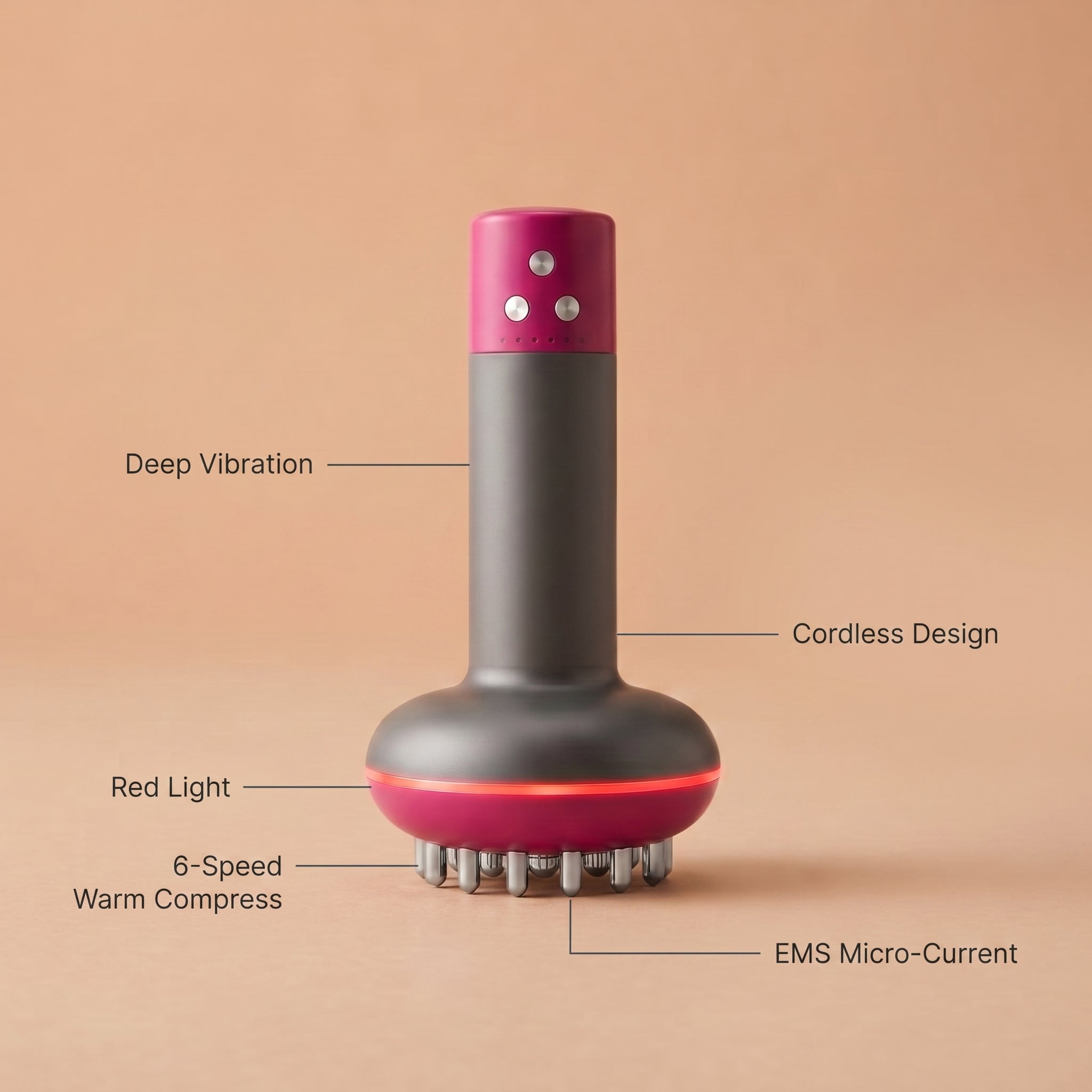 SCULPTWAND 4-in-1 feature overview: red light, 6-speed warm compress, EMS micro-current, deep vibration, cordless design