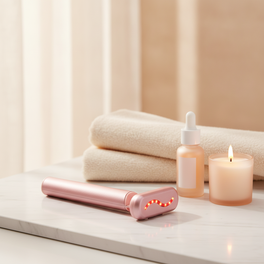 GLOWAVE pink facial wand on marble vanity with candle and serum - evening skincare ritual