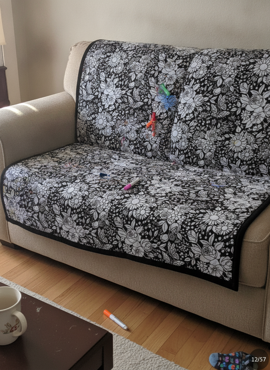 The Wildflower blanket thrown over a family sofa, partly coloured in