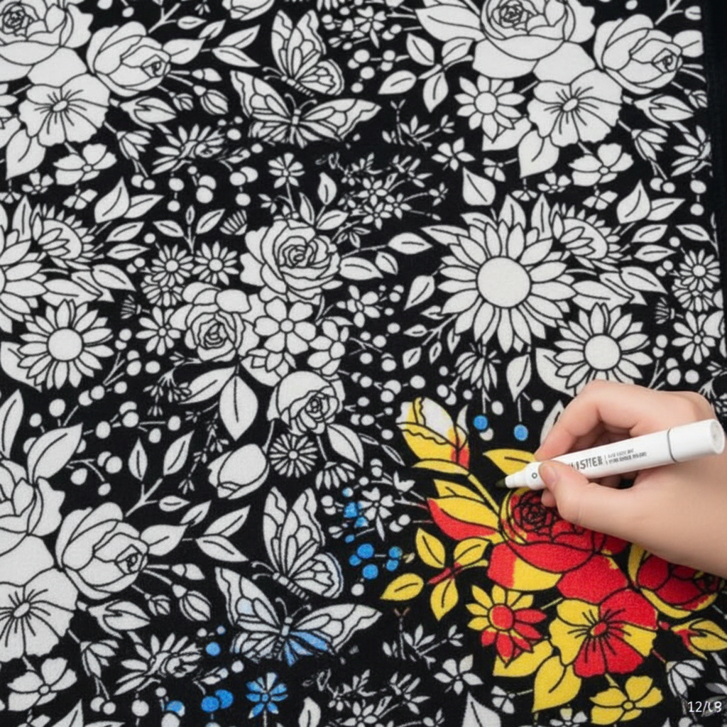 Close-up of a child colouring one flower on the blanket with a fabric marker