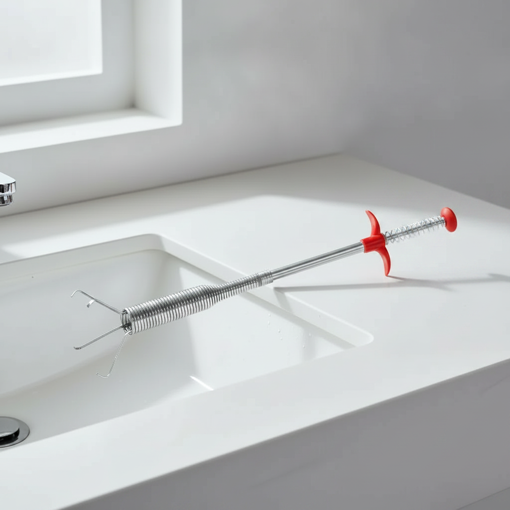 DrainGrab clog remover claw on bathroom counter