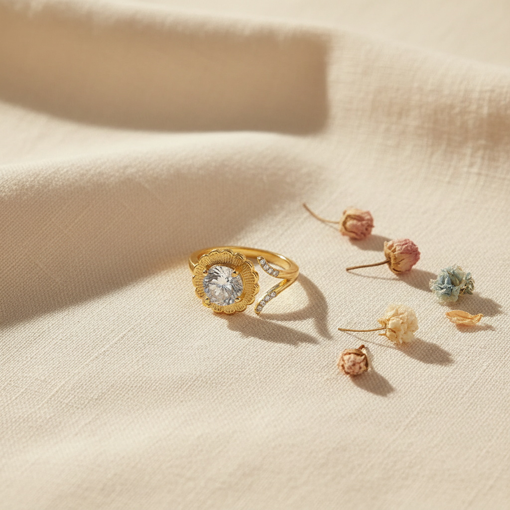 CalmSpin flower spinner ring cozy flatlay