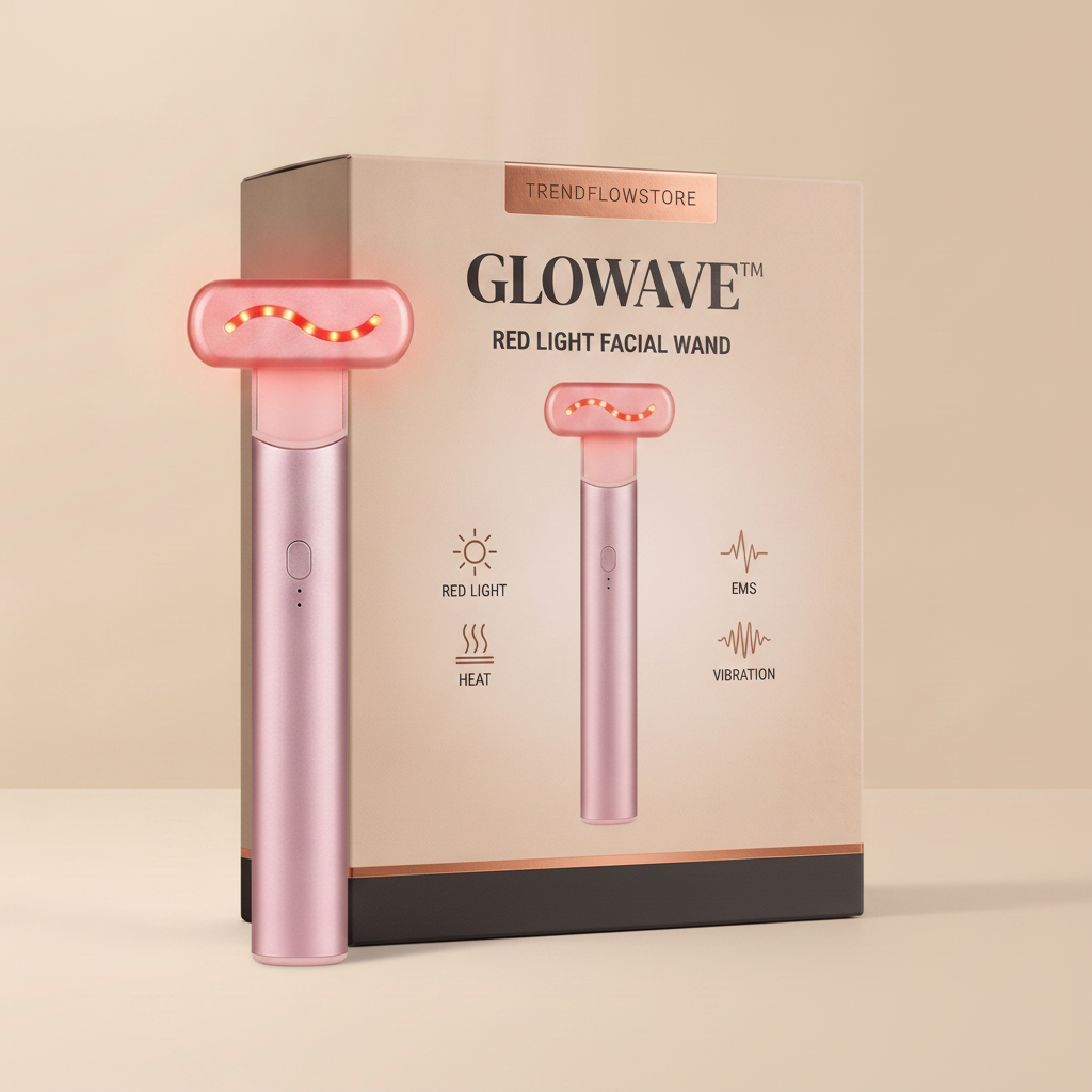 GLOWAVE retail box with bright pink facial wand - TRENDFLOWSTORE packaging