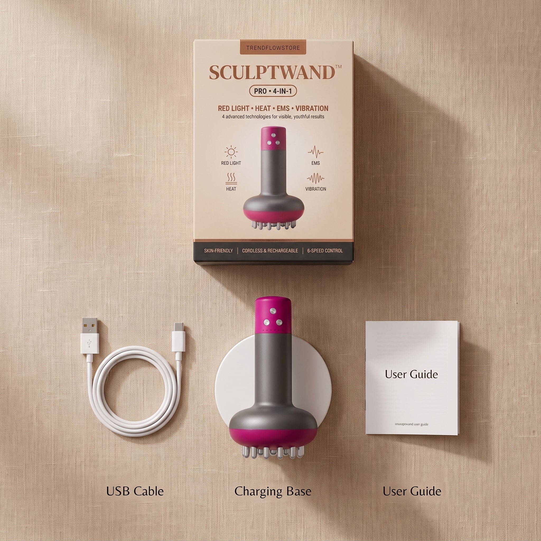 Everything in the box: SCULPTWAND massager, charging base, USB cable and user guide