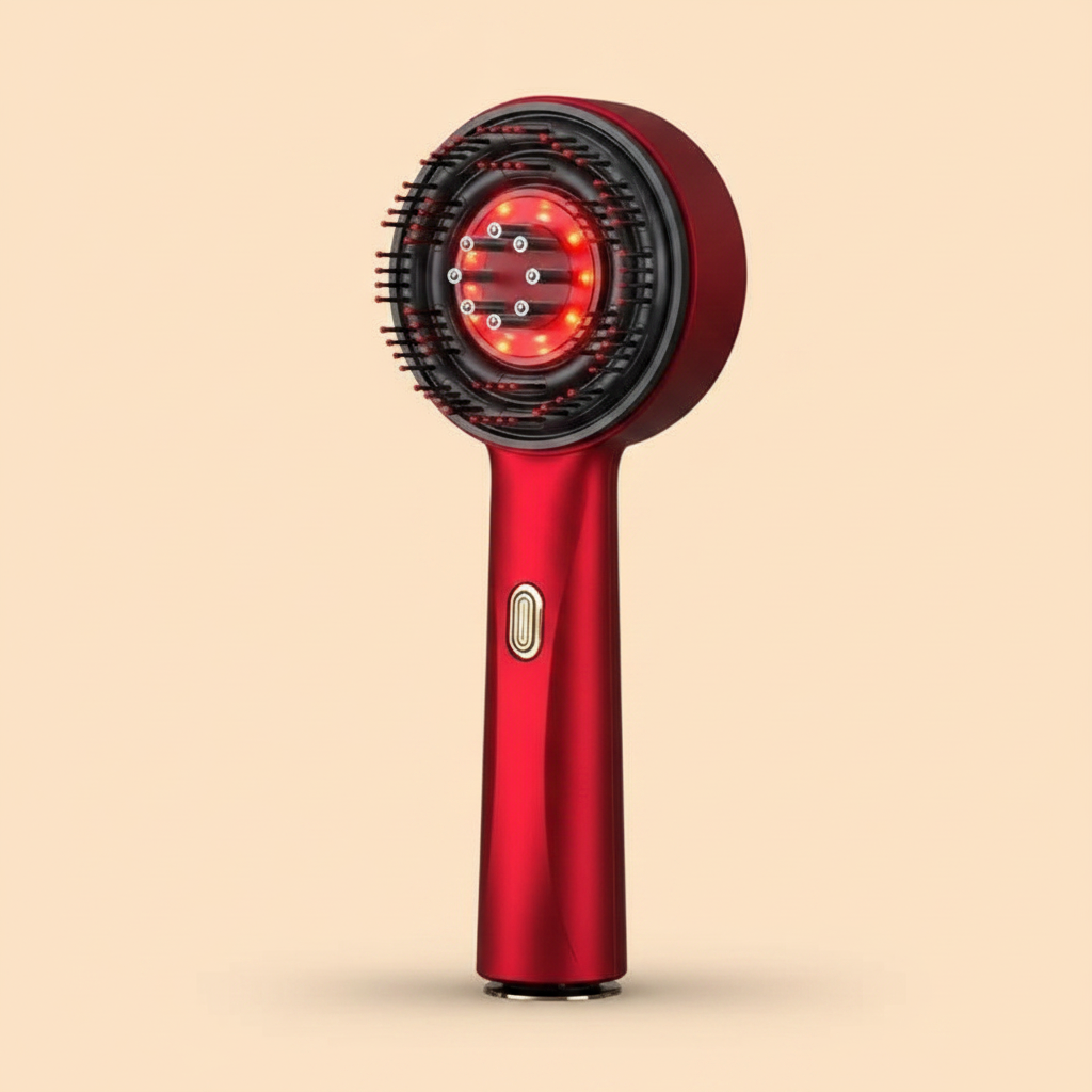 SCALPRO red light scalp massager comb - studio shot on warm beige background