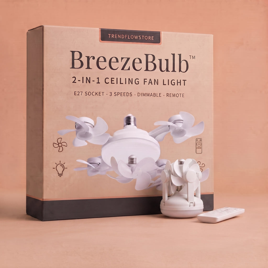BreezeBulb 2-in-1 ceiling fan light retail box with the folded fan and remote