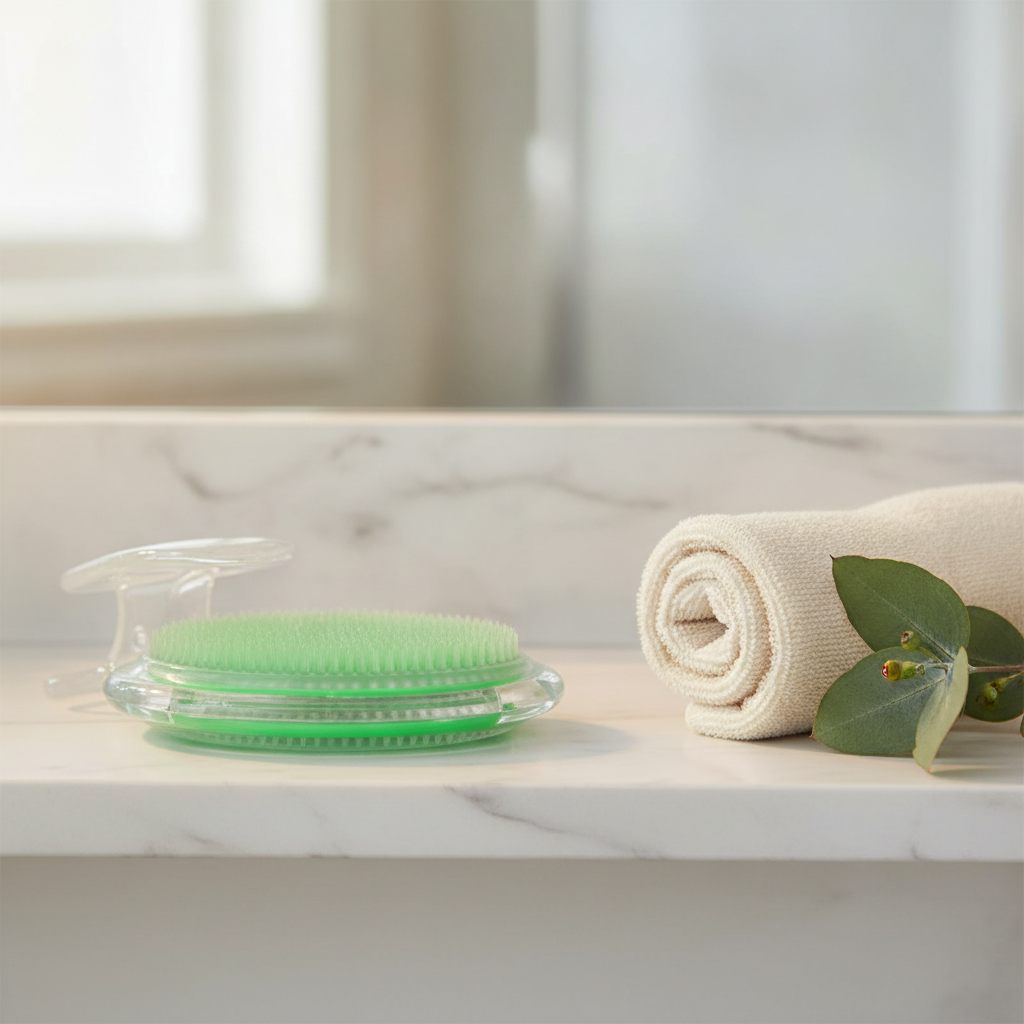 LYMPHA-SCULPT brush on marble bathroom shelf with towel and eucalyptus