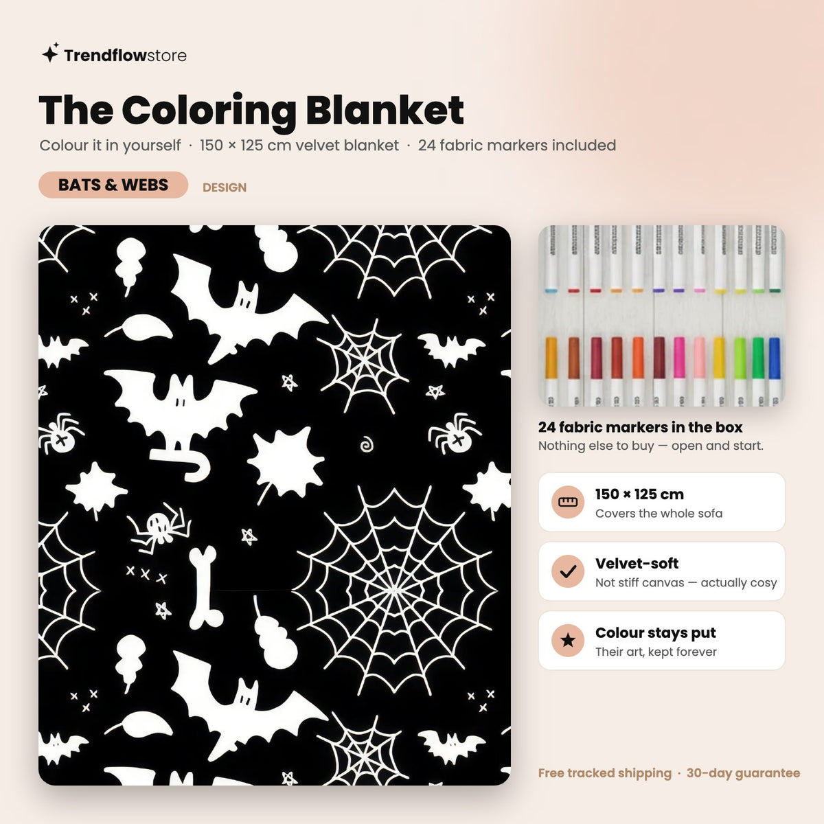 The Coloring Blanket — Bats & Webs design, 150 × 125 cm velvet blanket with 24 fabric markers