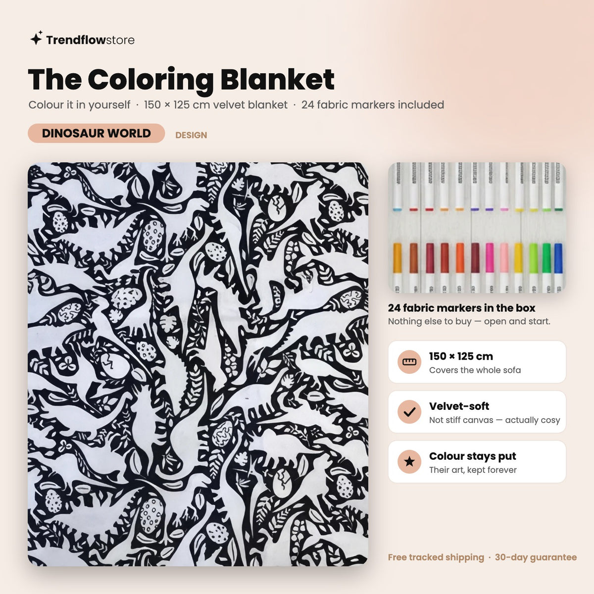 The Coloring Blanket — Dinosaur World design, 150 × 125 cm velvet blanket with 24 fabric markers