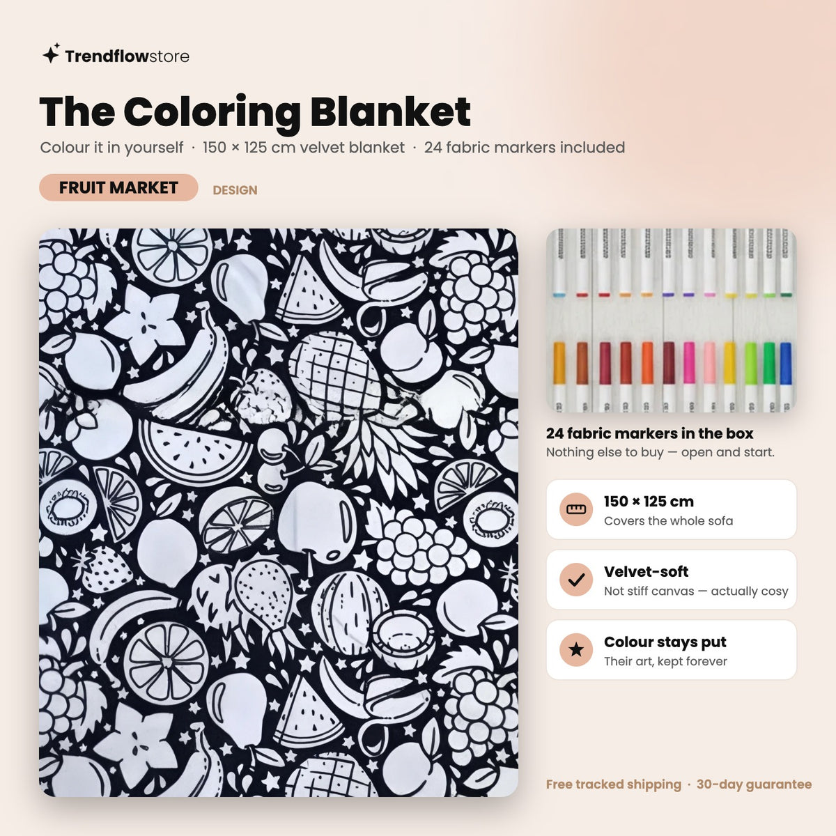 The Coloring Blanket — Fruit Market design, 150 × 125 cm velvet blanket with 24 fabric markers