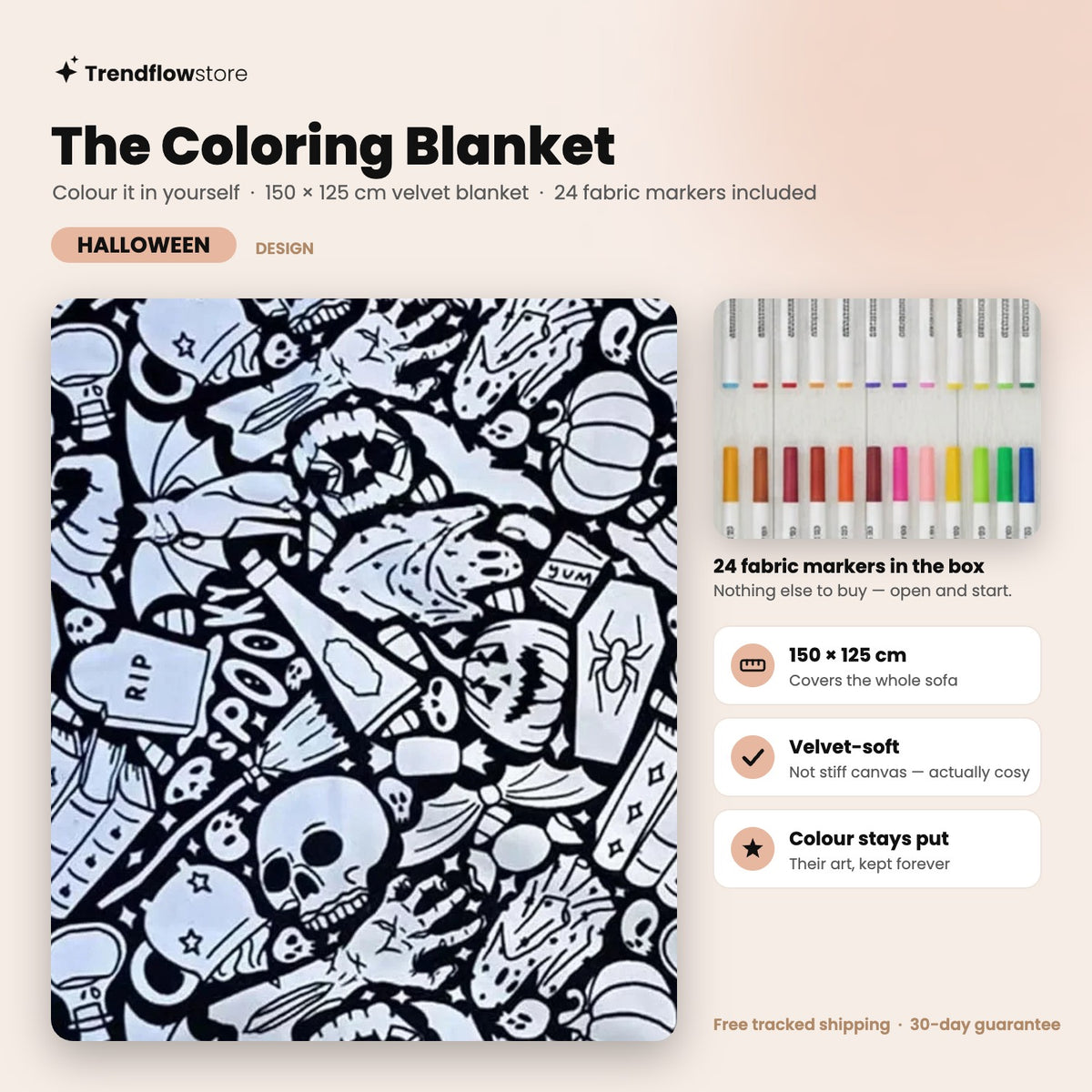 The Coloring Blanket — Halloween design, 150 × 125 cm velvet blanket with 24 fabric markers