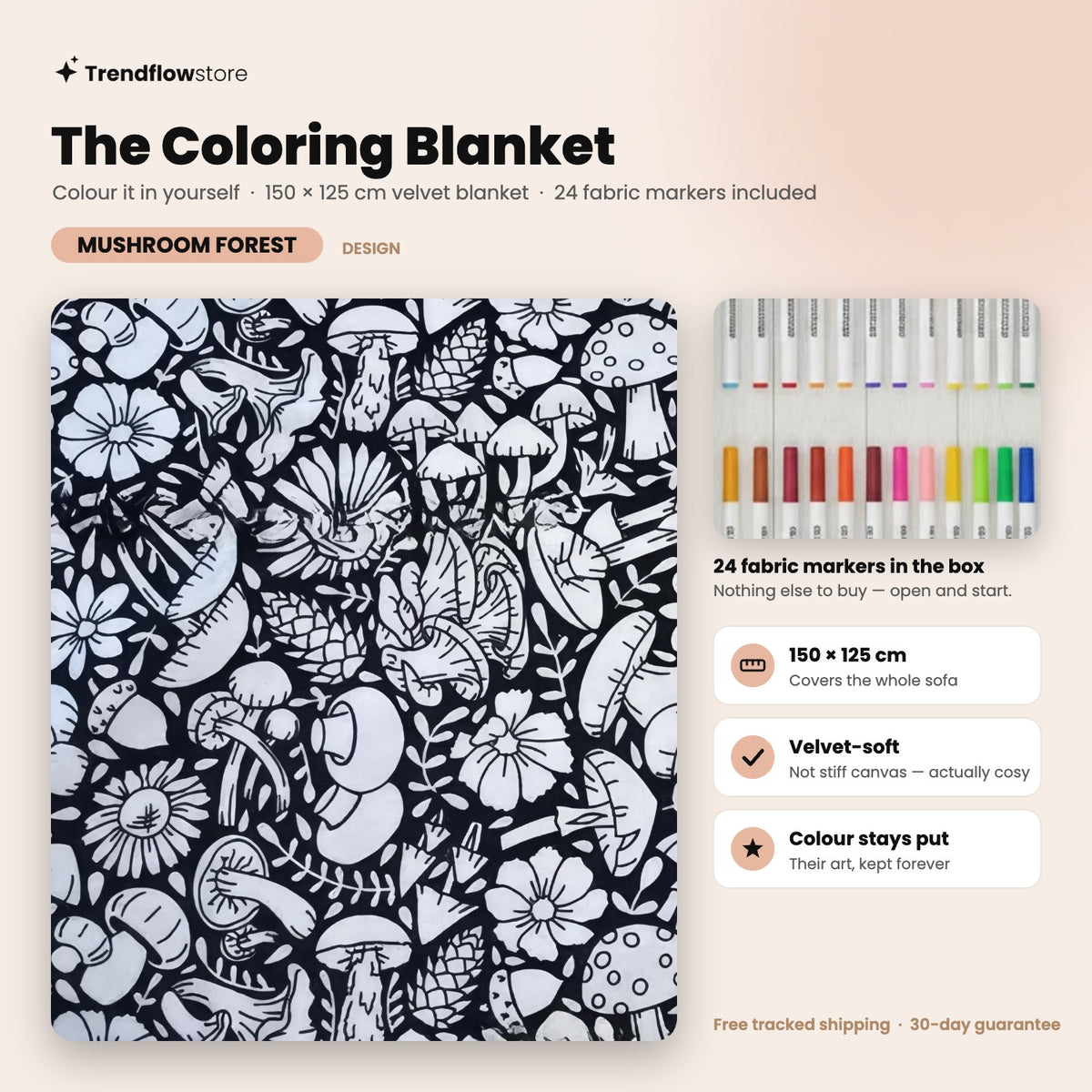The Coloring Blanket — Mushroom Forest design, 150 × 125 cm velvet blanket with 24 fabric markers