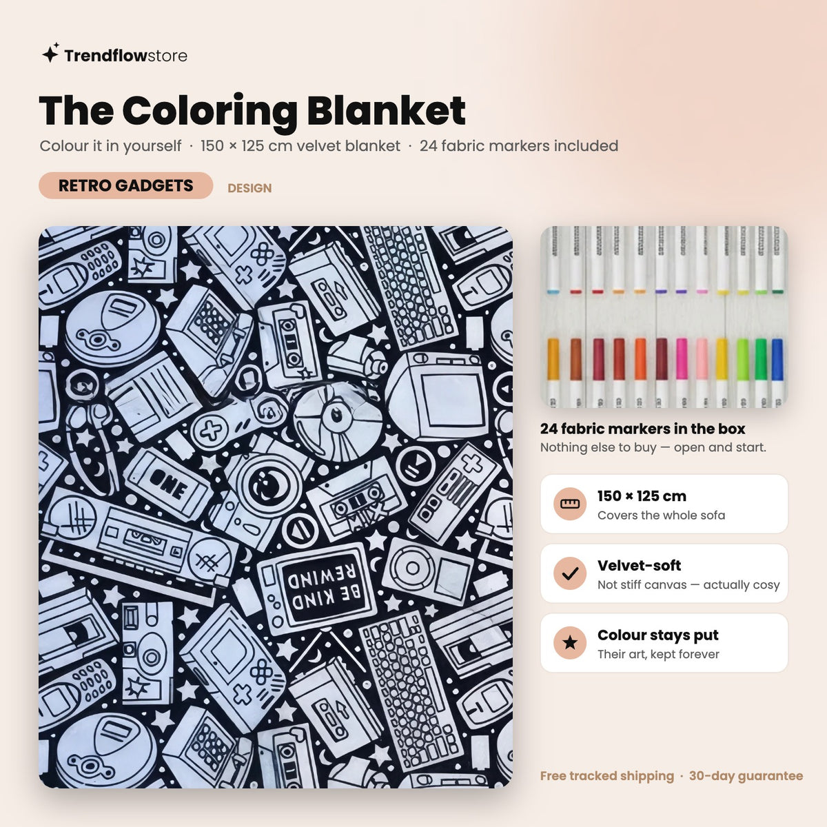 The Coloring Blanket — Retro Gadgets design, 150 × 125 cm velvet blanket with 24 fabric markers