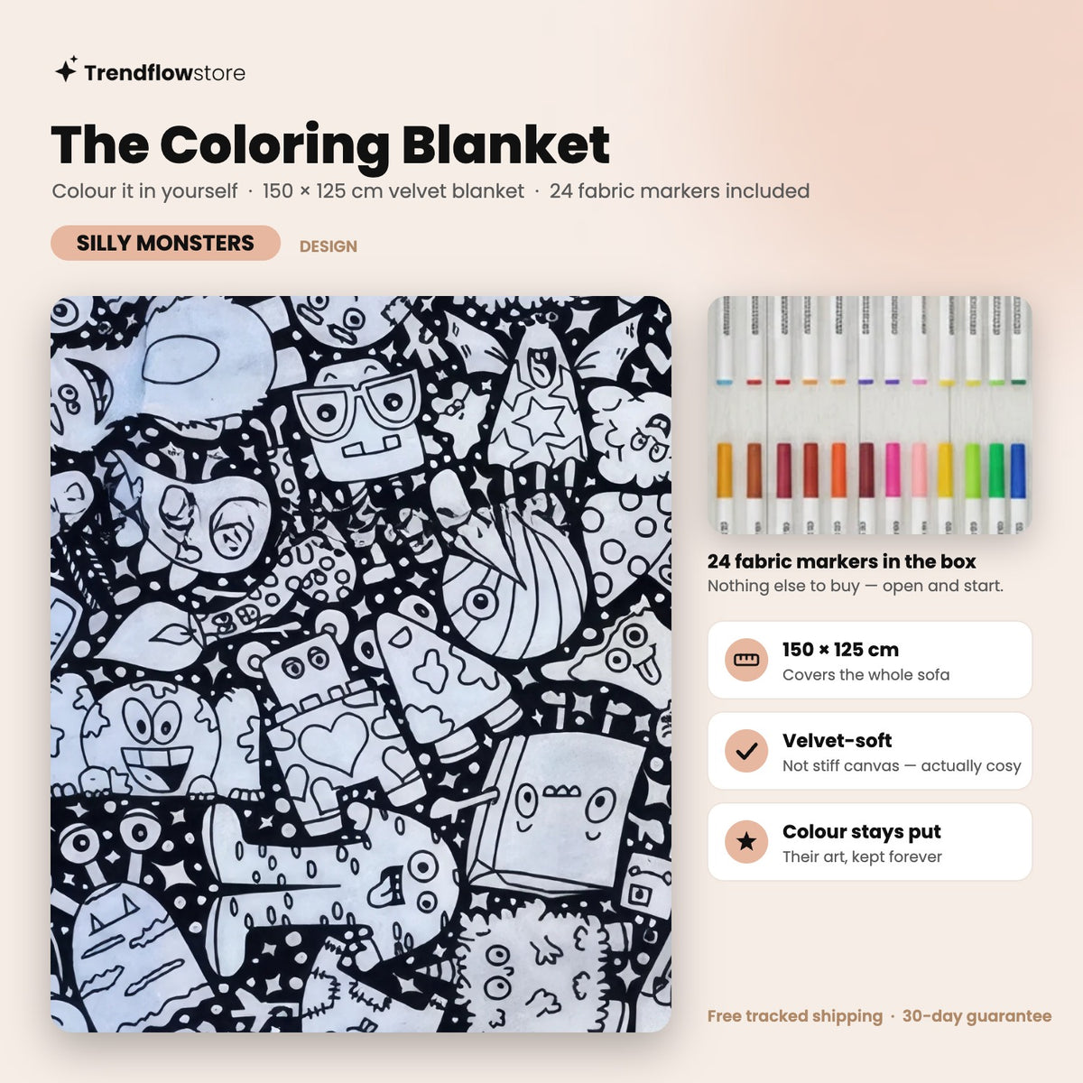 The Coloring Blanket — Monster Doodles design, 150 x 125 cm velvet blanket with 24 fabric markers