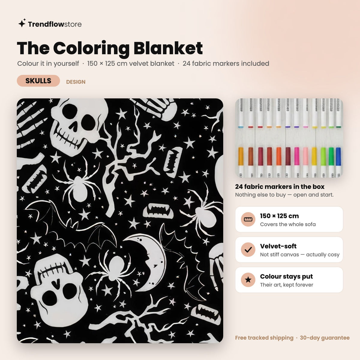The Coloring Blanket — Skulls design, 150 × 125 cm velvet blanket with 24 fabric markers
