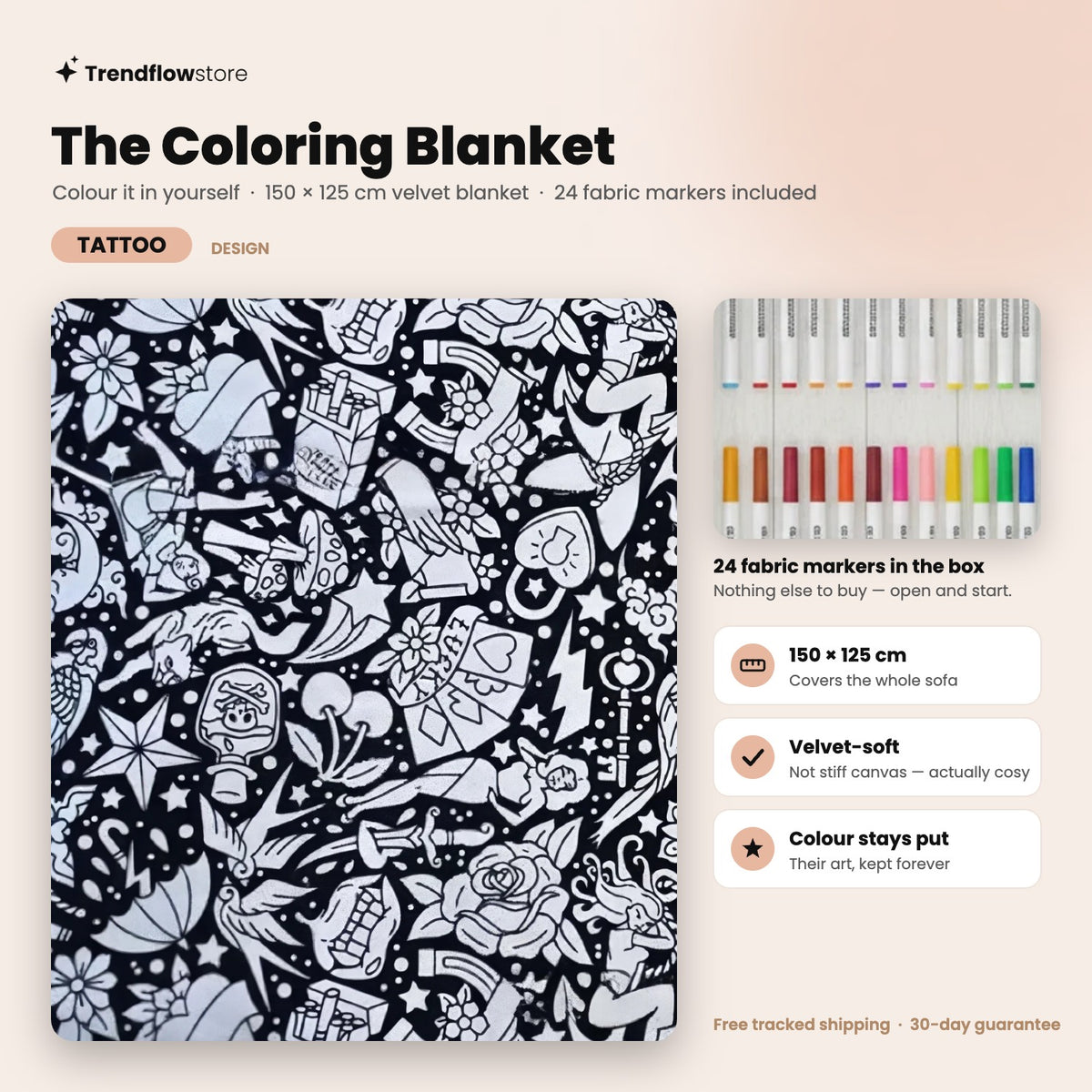The Coloring Blanket — Tattoo design, 150 × 125 cm velvet blanket with 24 fabric markers