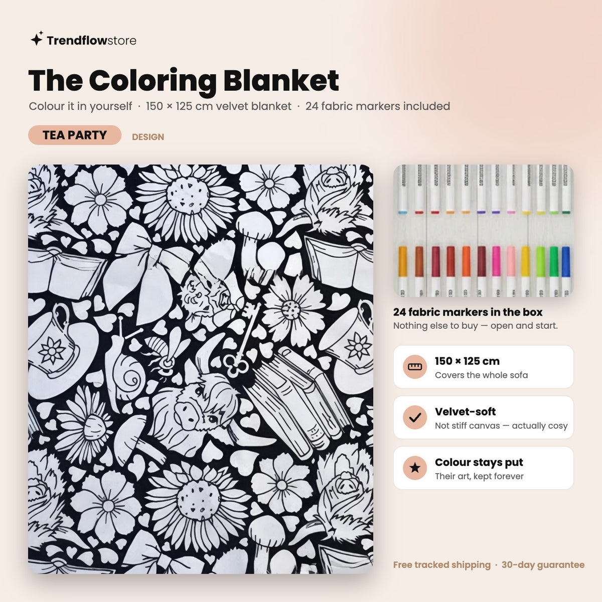 The Coloring Blanket — Tea Party design, 150 × 125 cm velvet blanket with 24 fabric markers