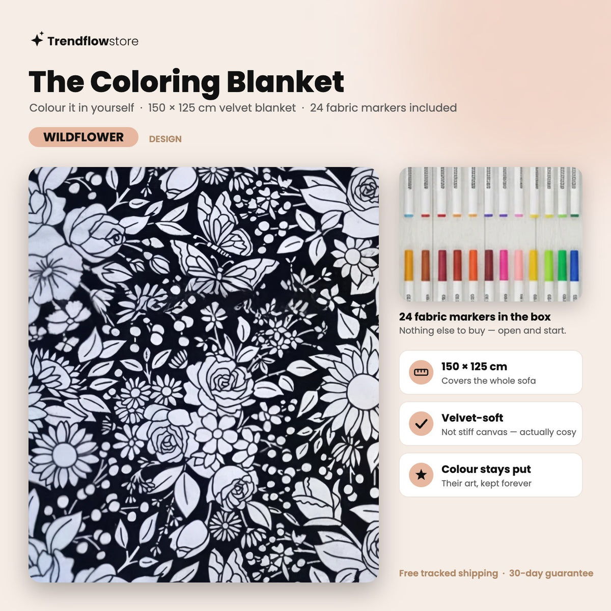 The Coloring Blanket — Wildflower design, 150 × 125 cm velvet blanket with 24 fabric markers