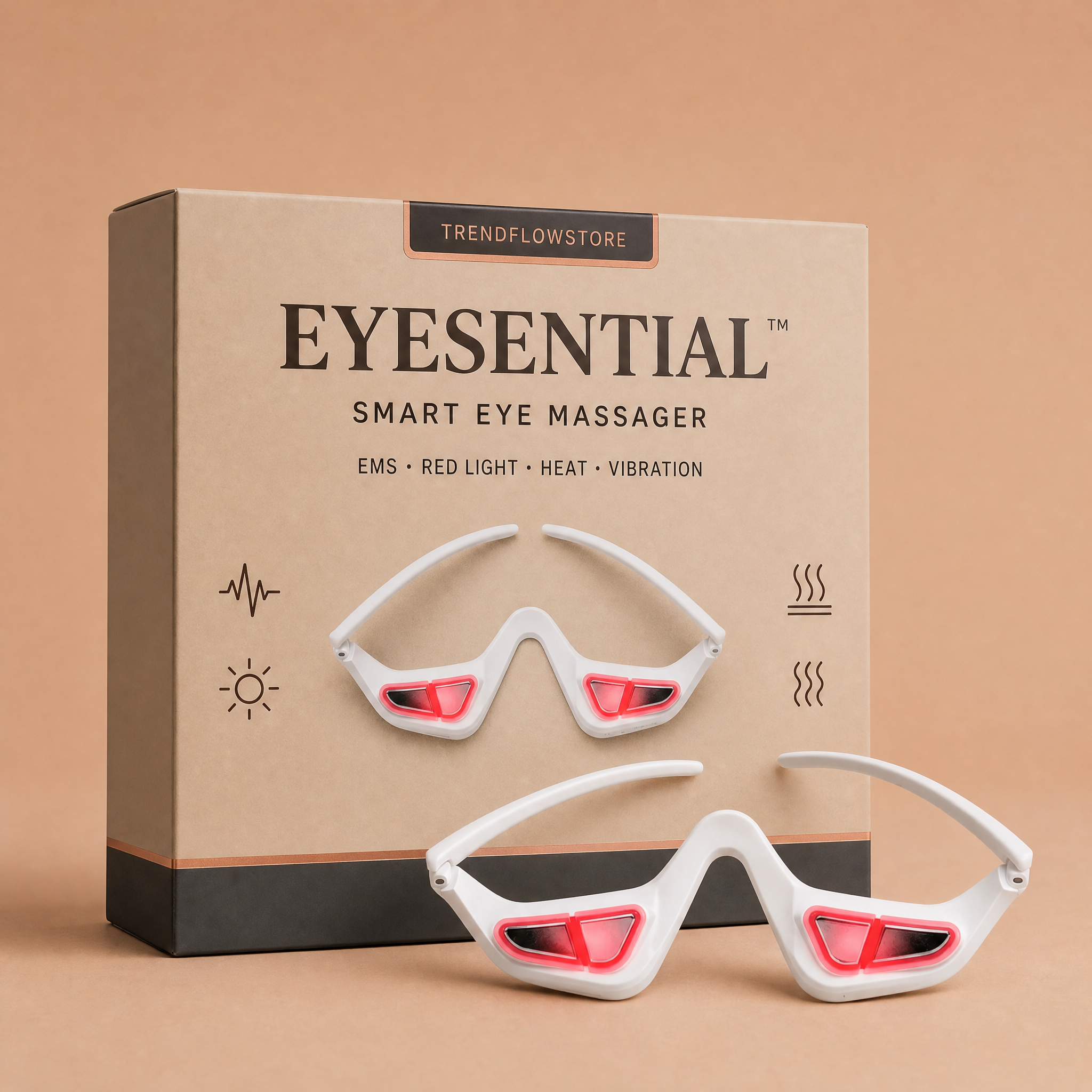 EYESENTIAL retail box with smart eye massager glasses - TRENDFLOWSTORE packaging