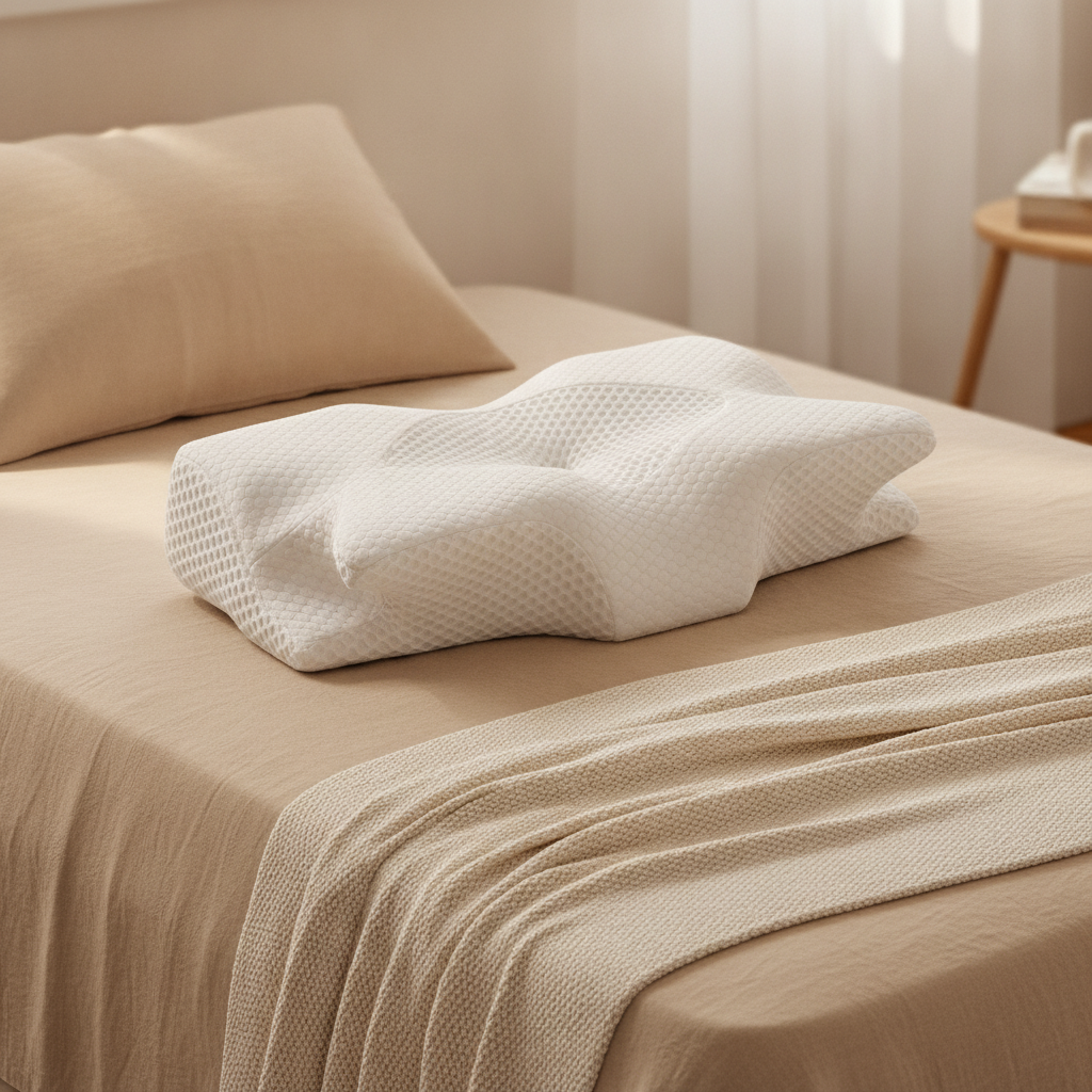 CLOUDREST ergonomic pillow on a bed with beige linen - cozy bedroom